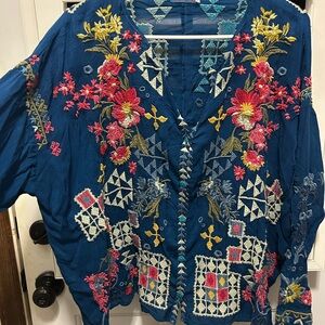 Johnny Was Blue Embellished Blouse with Flutter Sleeves